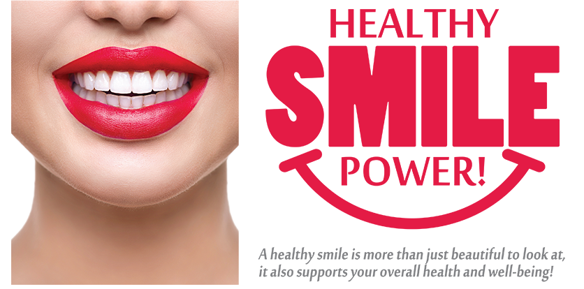 The image features a close-up of a person s face with red lipstick, and there is text overlay that reads  HEALTHY SMILE POWER  in bold letters.