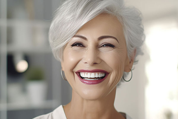 A smiling older woman with short hair and a radiant smile, wearing a white top.